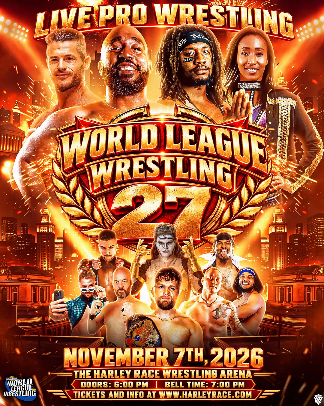World League Wrestling 27 poster: November 7, 2026 at the Harley Race Wrestling Arena, doors 6:00 PM, bell time 7:00 PM